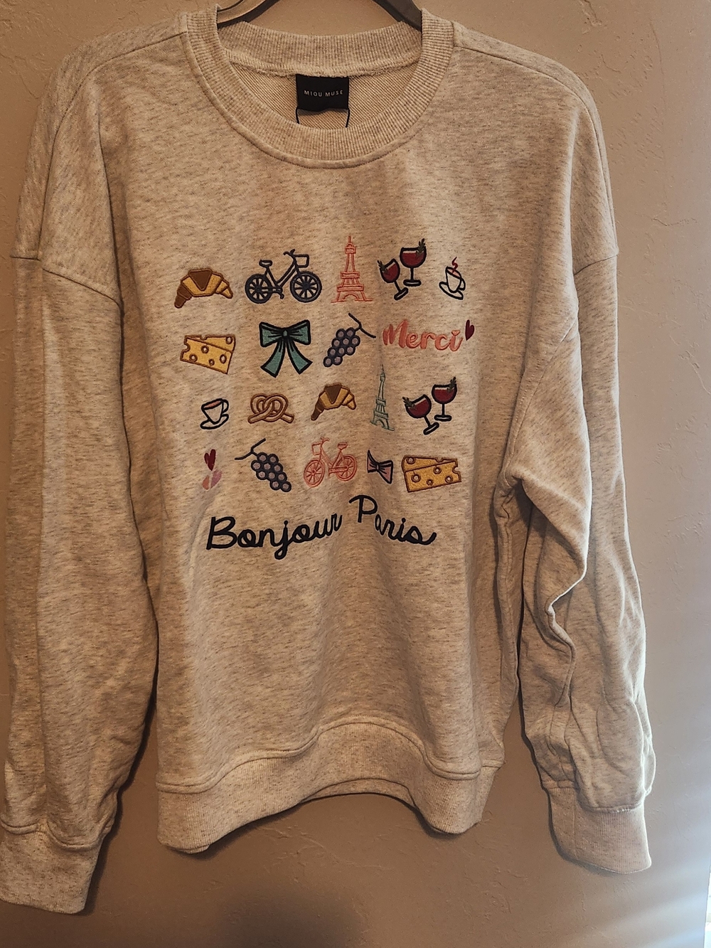 Miu Miu Light Gray "Bonjour Paris" Embroidered Sweatshirt